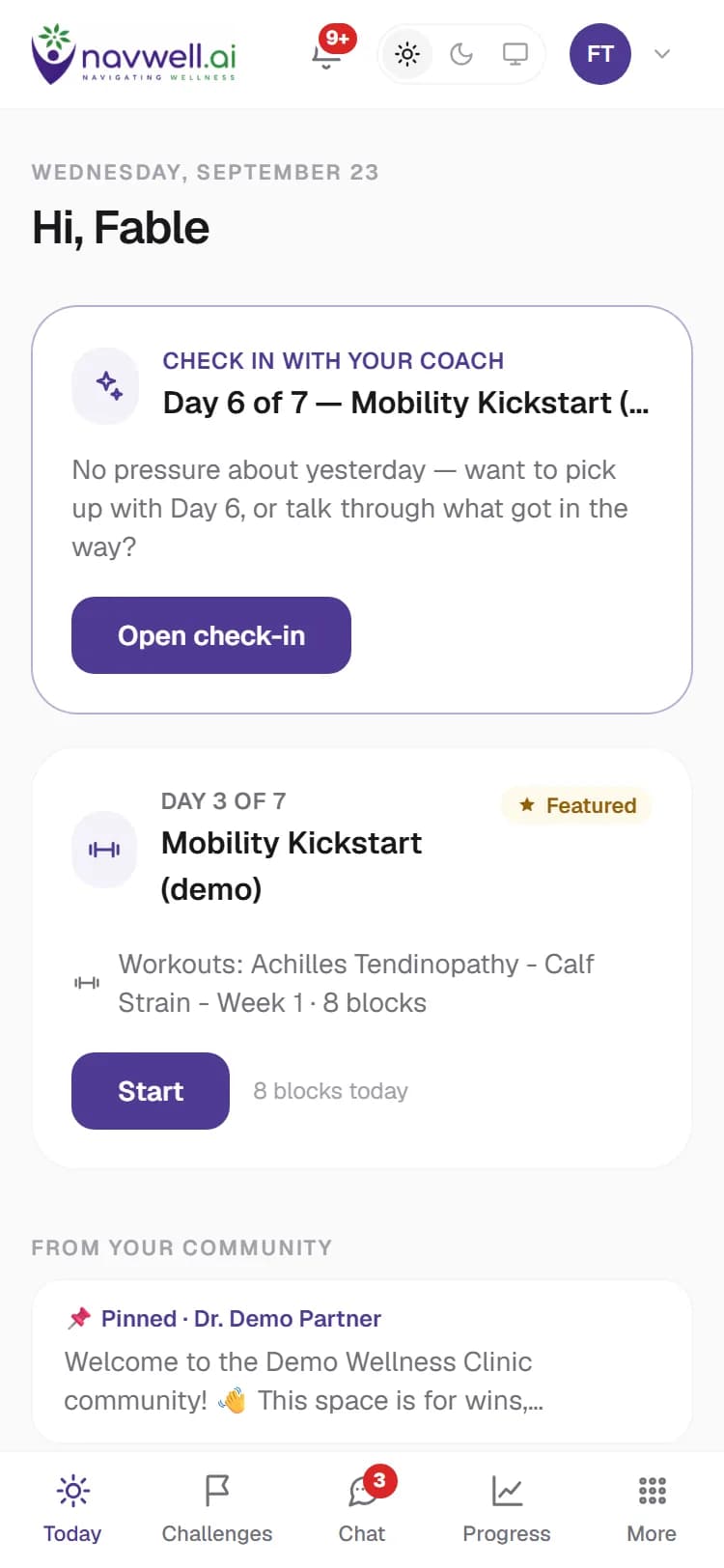 The member's Today screen on a phone: the coach's daily check-in card, the featured challenge on day 3 of 7 with its workout blocks and a Start button, and a pinned post from the practitioner's community.